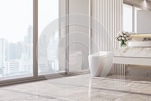 Minimal style white toilet by the large window of the modern elegant bathroom 3d render